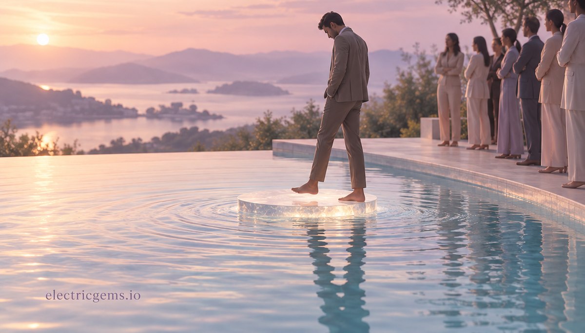 A line of people in suits standing at the edge of an infinity pool at sunset while one man steps into the water alone.